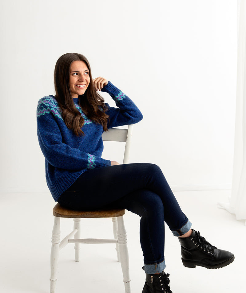 womens blue chunky wool fair isle jumper sweater full