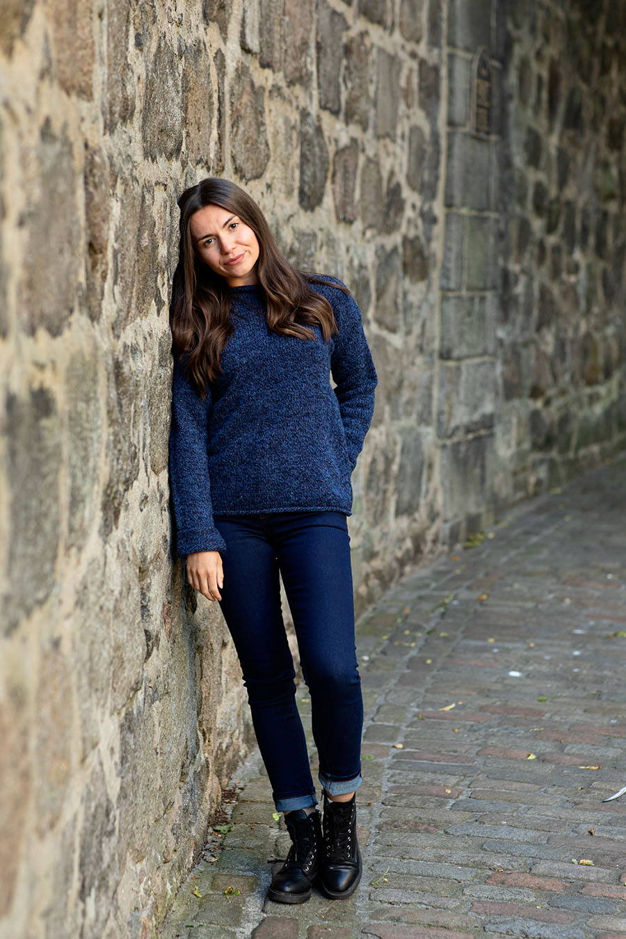 womens blue chunky wool jumper sweater cuffed ls