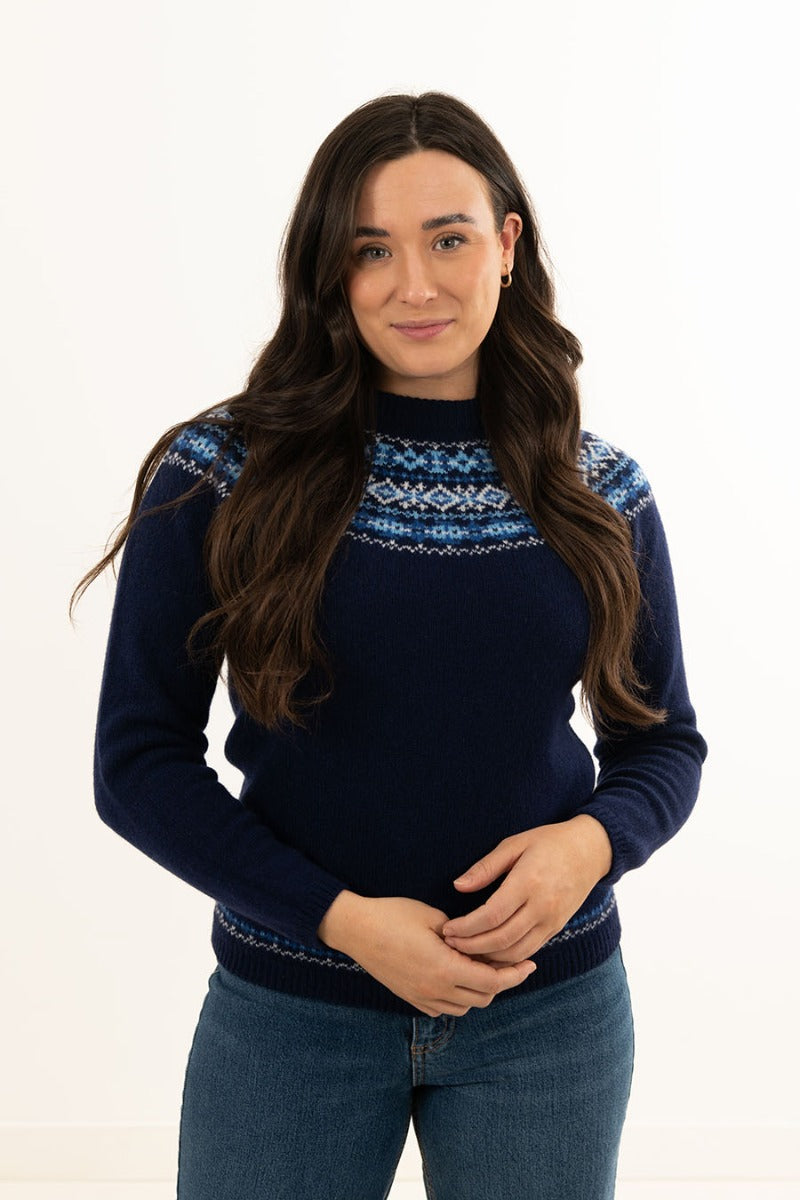 womens blue fair isle jumper sweater warm soft lambs wool navy cairngorm