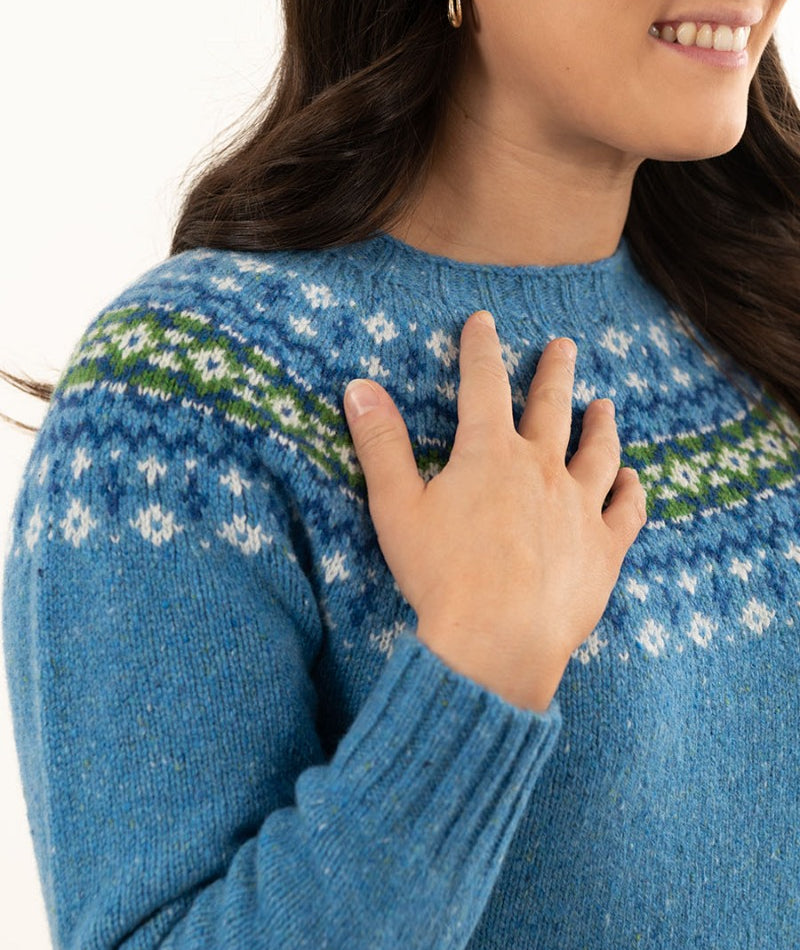 Womens Blue Fair Isle Jumper in Donegal Wool with Croft yoke pattern in ...