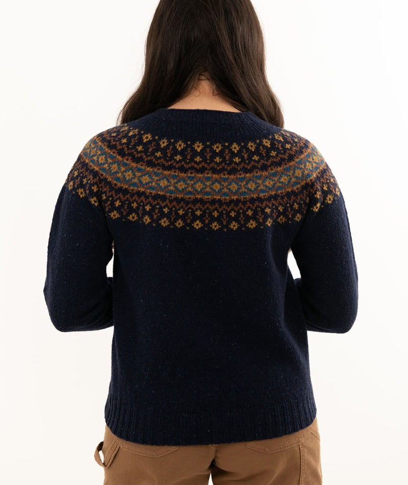 Womens blue wool fair isle sweater navy croft yoke