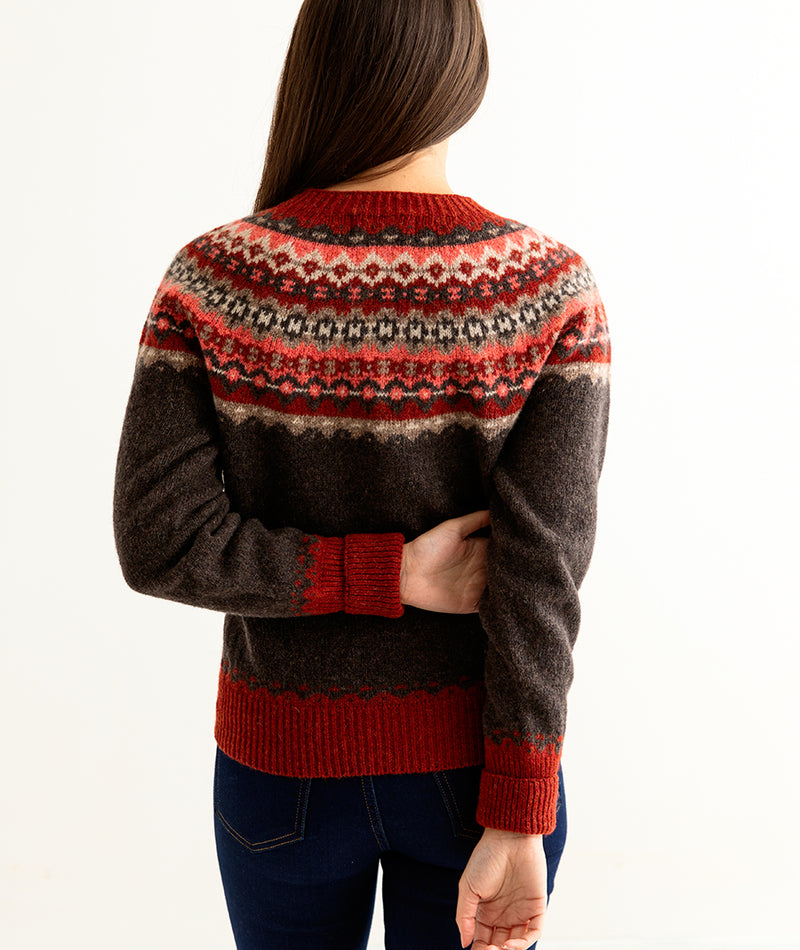 womens brown fair isle cardigan wool red russet crathie back
