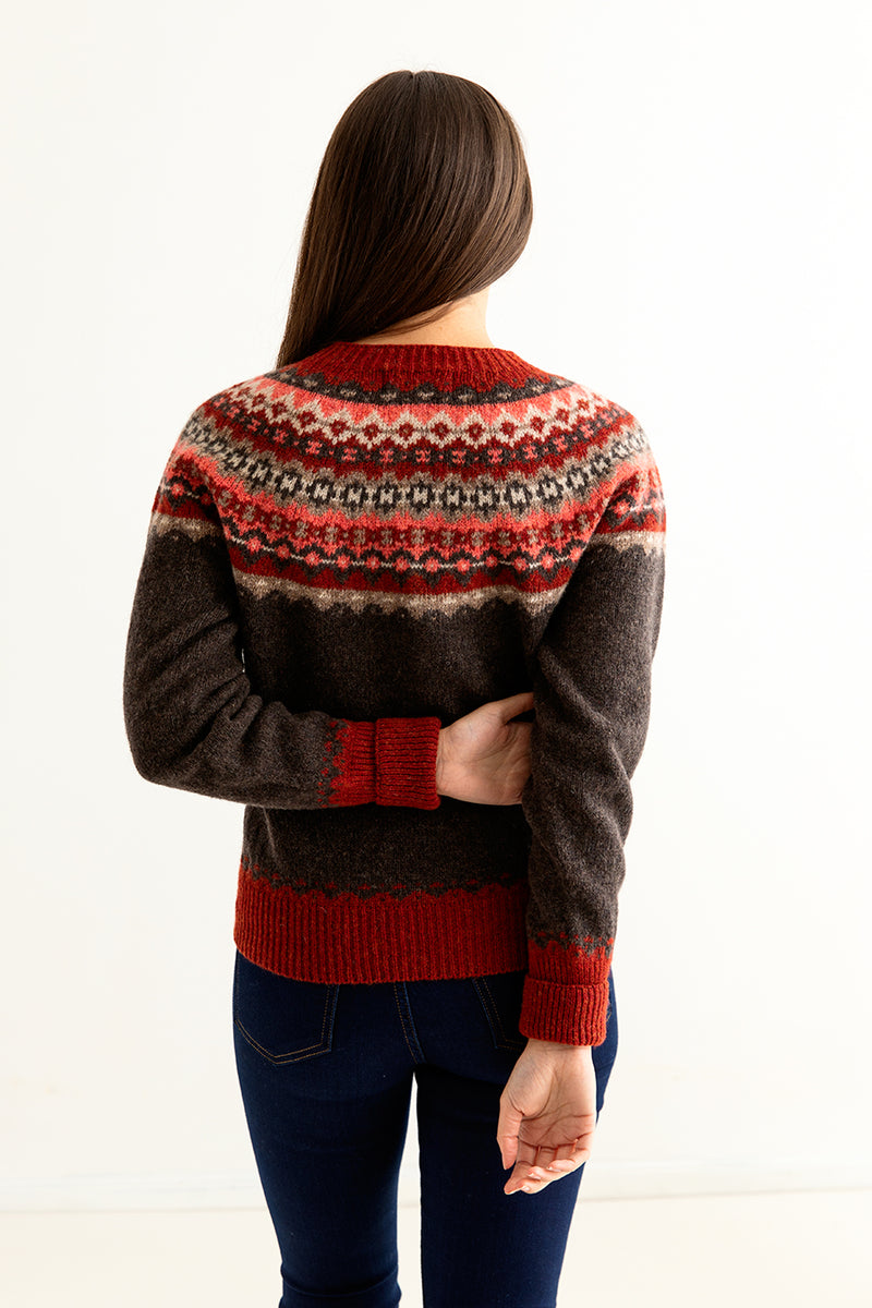 womens brown fair isle cardigan wool red russet crathie back