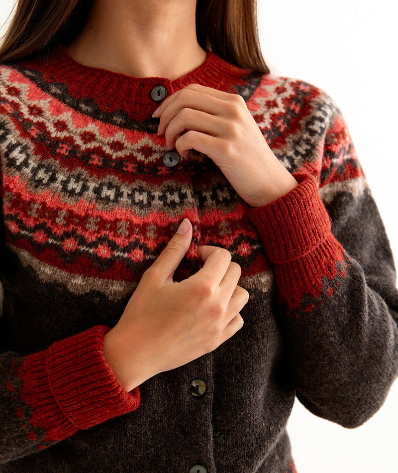 womens brown fair isle cardigan wool red russet crathie close up