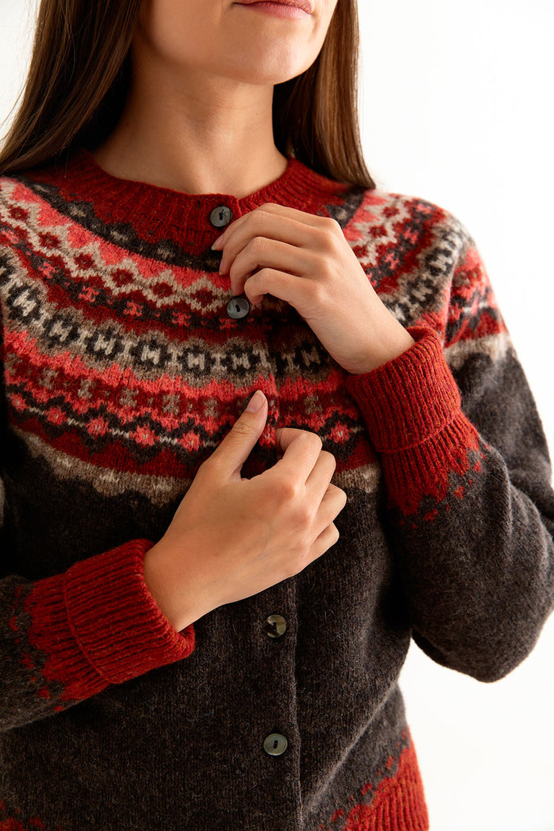 womens brown fair isle cardigan wool red russet crathie close up