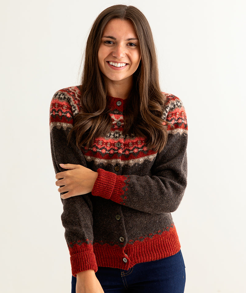 womens brown fair isle cardigan wool red russet crathie ladies fairisle front