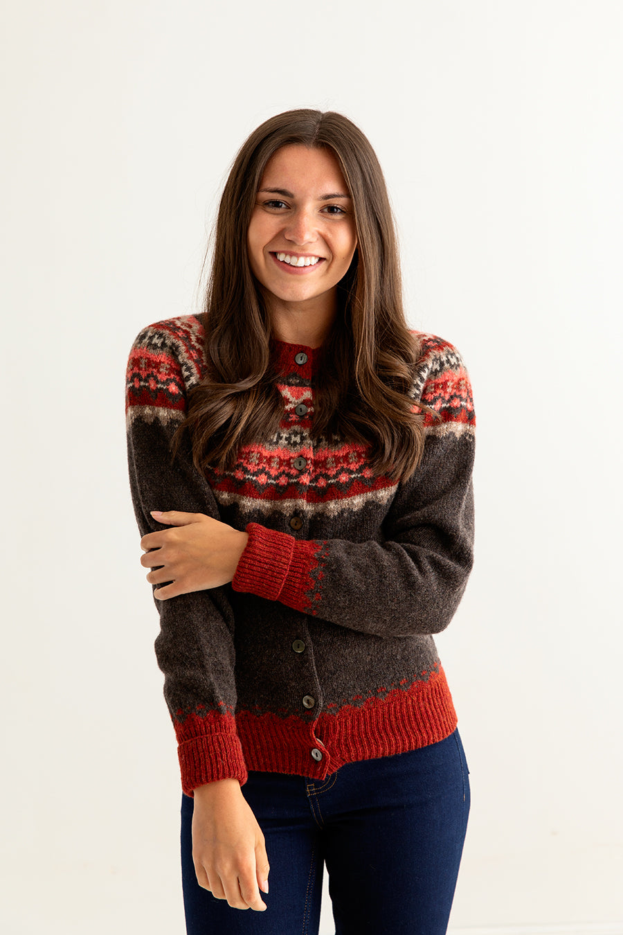 womens brown fair isle cardigan wool red russet crathie ladies fairisle front