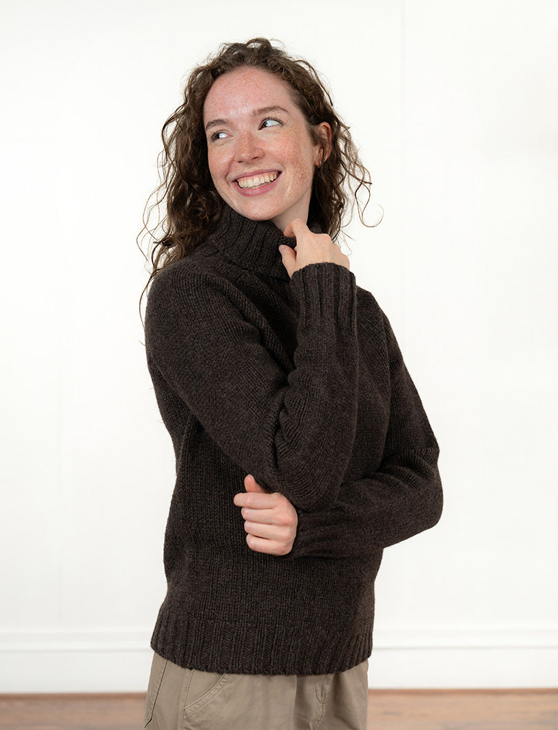 Womens Chunky Geelong Superfine Lambswool Polo Neck Jumper - Chocolate Brown