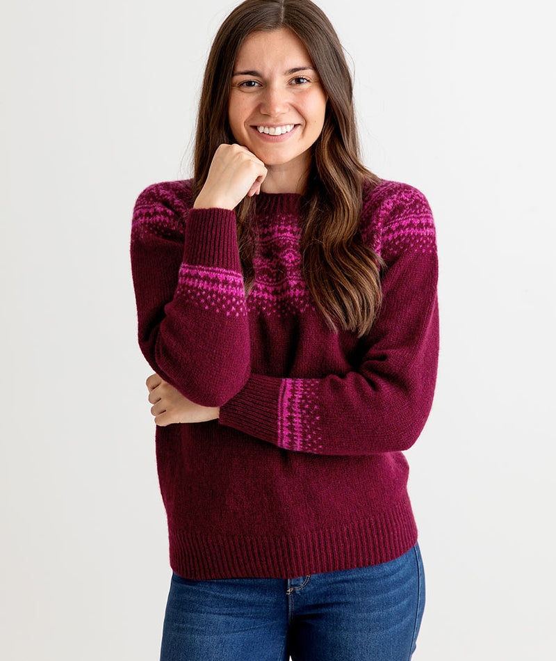 womens burgundy fair isle jumper sweater aviemore yoke shetland wool