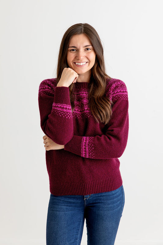 womens burgundy fair isle jumper sweater aviemore yoke shetland wool