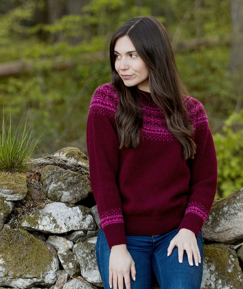 womens burgundy shetland wool fair isle jumper sweater aviemore