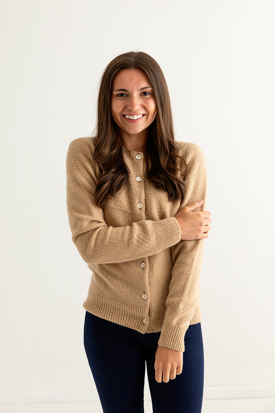 womens camel gansey guernsey cardigan fine geelong lambs wool front