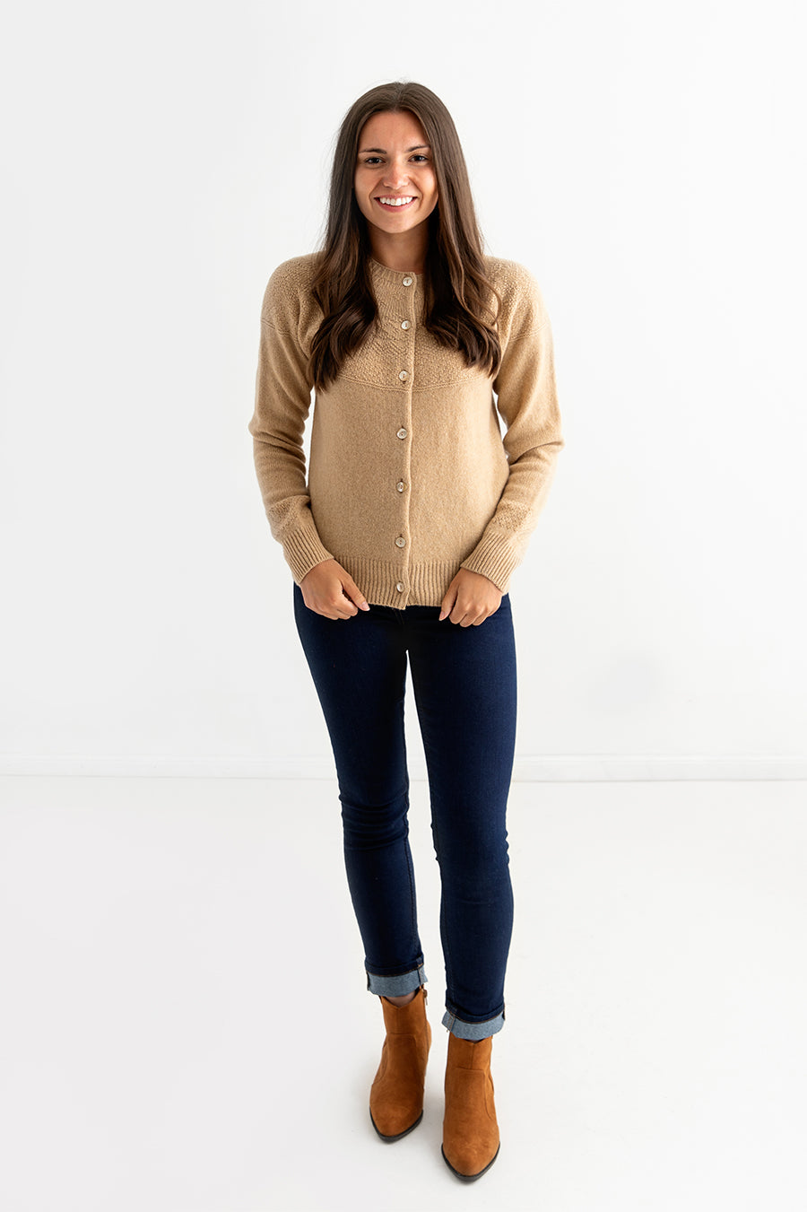 womens camel lambs wool cardigan gansey guernsey full