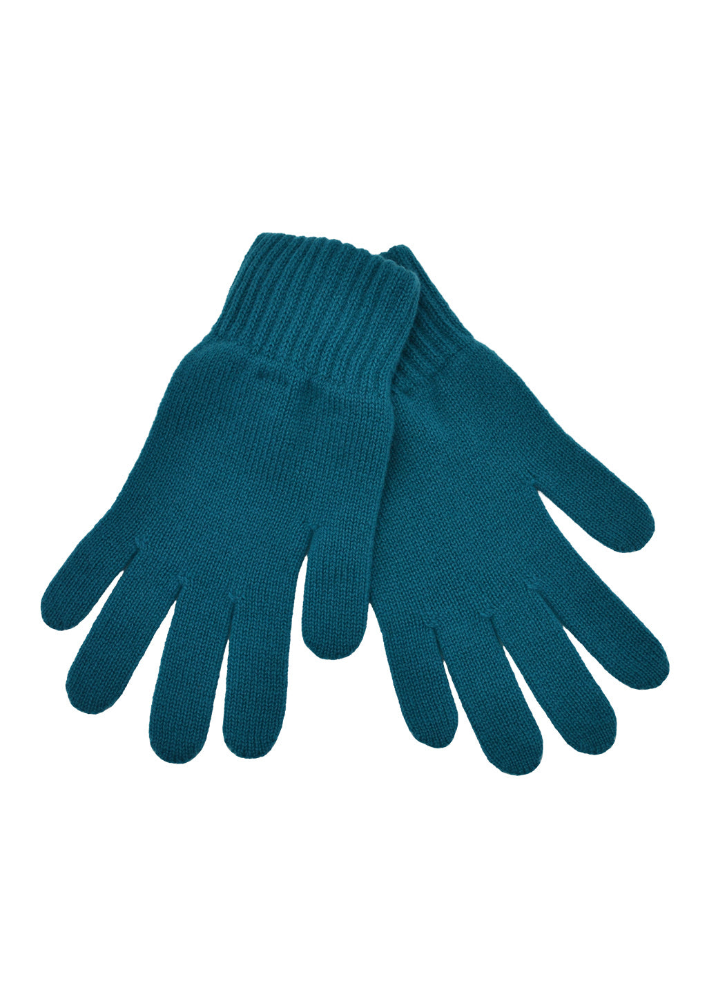 A pair of kingfisher teal blue knit gloves with ribbed cuffs, displayed against a solid white background.