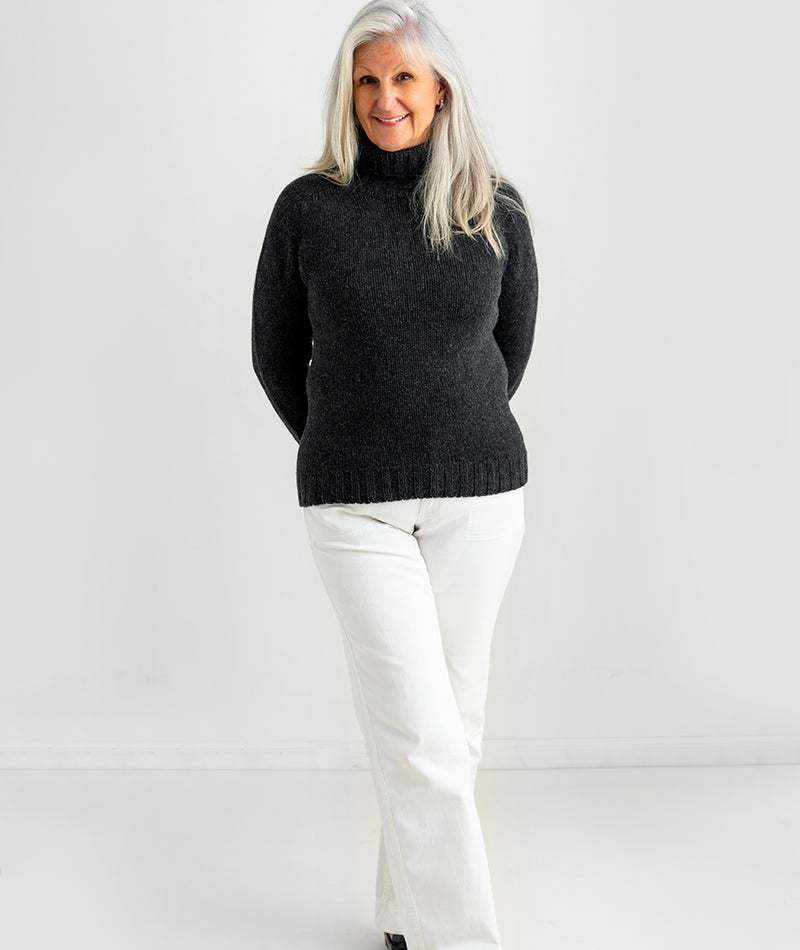 womens turtle neck sweater charcoal grey lambs wool 