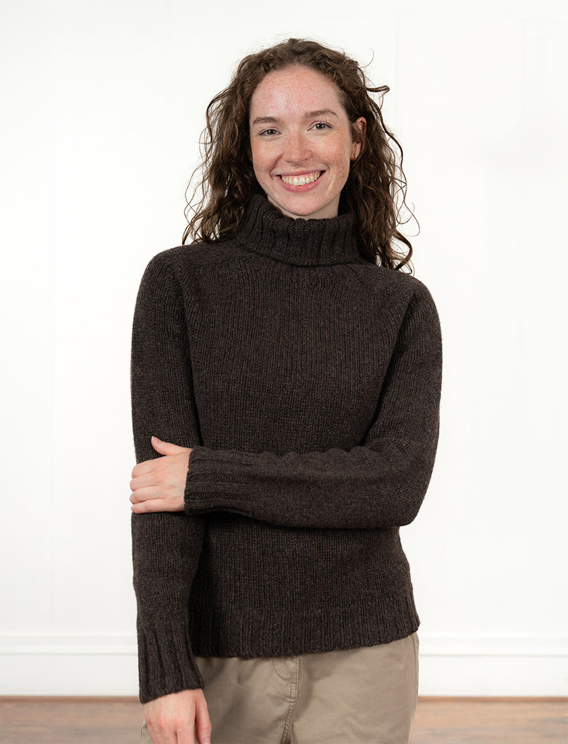 Womens Chunky Geelong Superfine Lambswool Polo Neck Jumper - Chocolate Brown