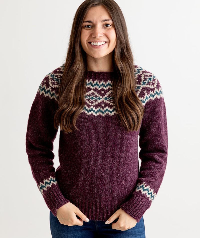 womens chunky fair isle jumper sweater purple wool aubergine finnieston yoke