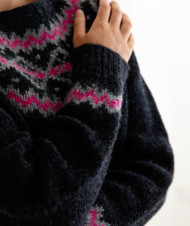 womens chunky yoke fair isle sweater jumper charcoal grey pink close up