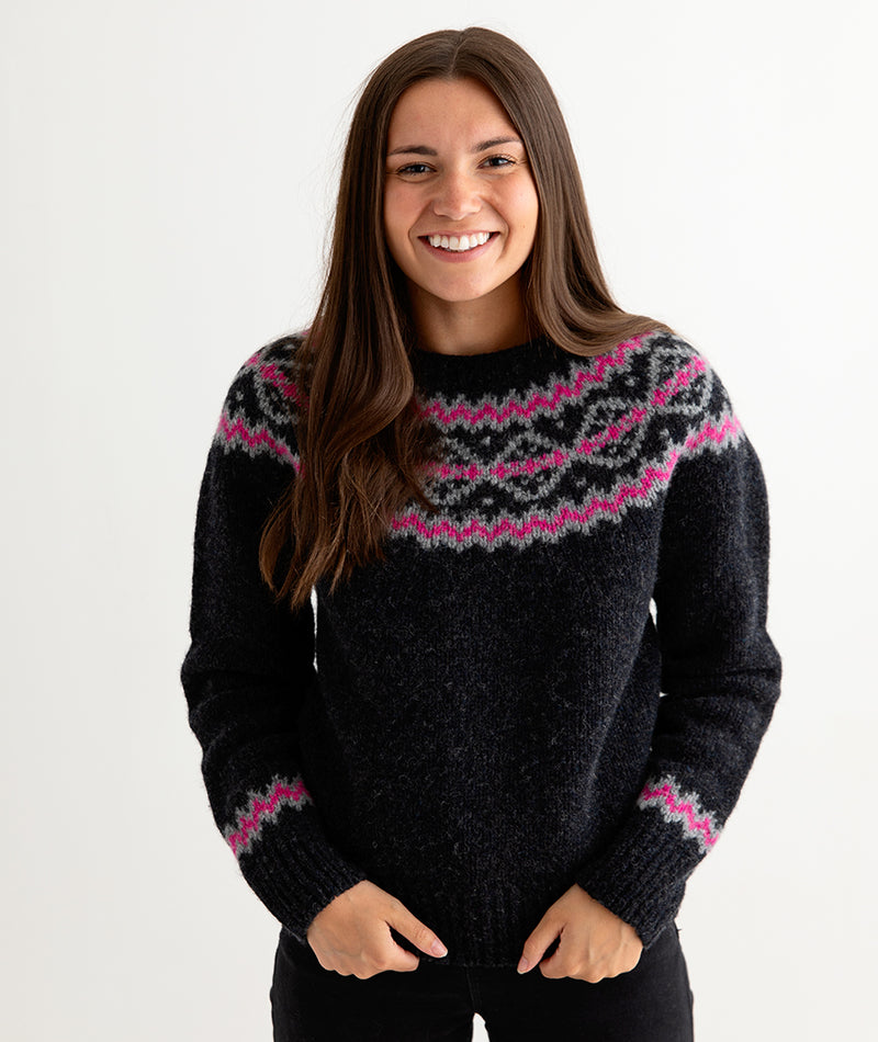 womens chunky finnieston yoke fair isle jumper sweater ladies charcoal grey pink front