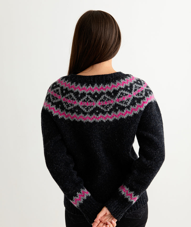womens chunky yoke fair isle jumper sweater charcoal grey pink back