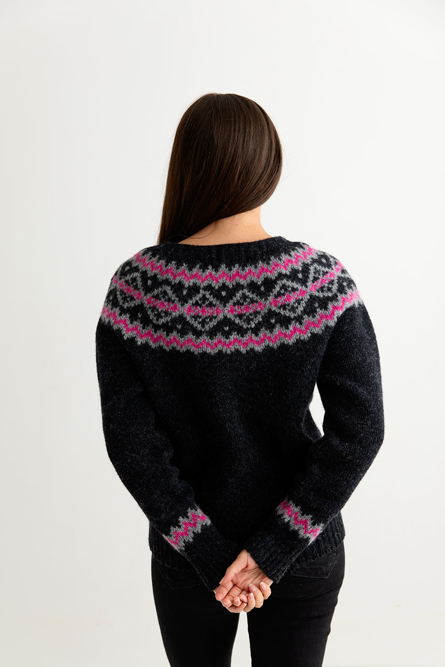 womens chunky yoke fair isle jumper sweater charcoal grey pink back
