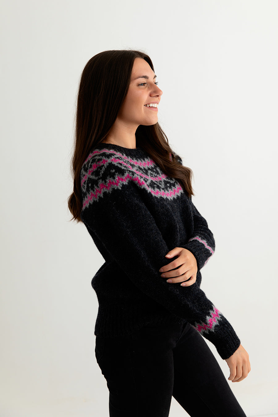 womens chunky yoke fairisle jumper sweater ladies grey pink finnieston side