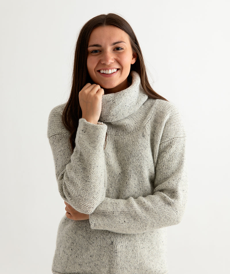 womens chunky wool cowl neck jumper sweater. light grey front