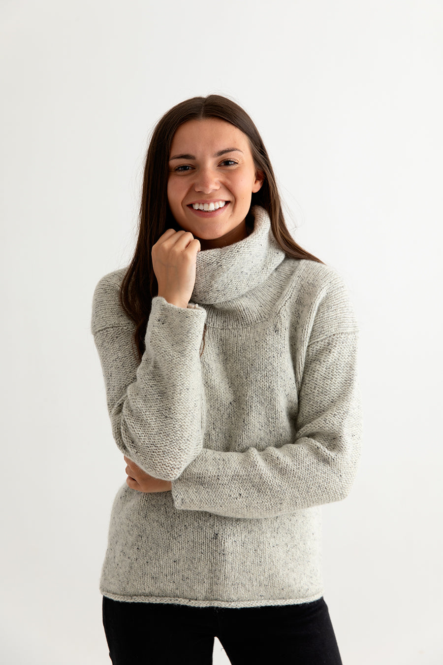 womens chunky wool cowl neck jumper sweater. light grey front
