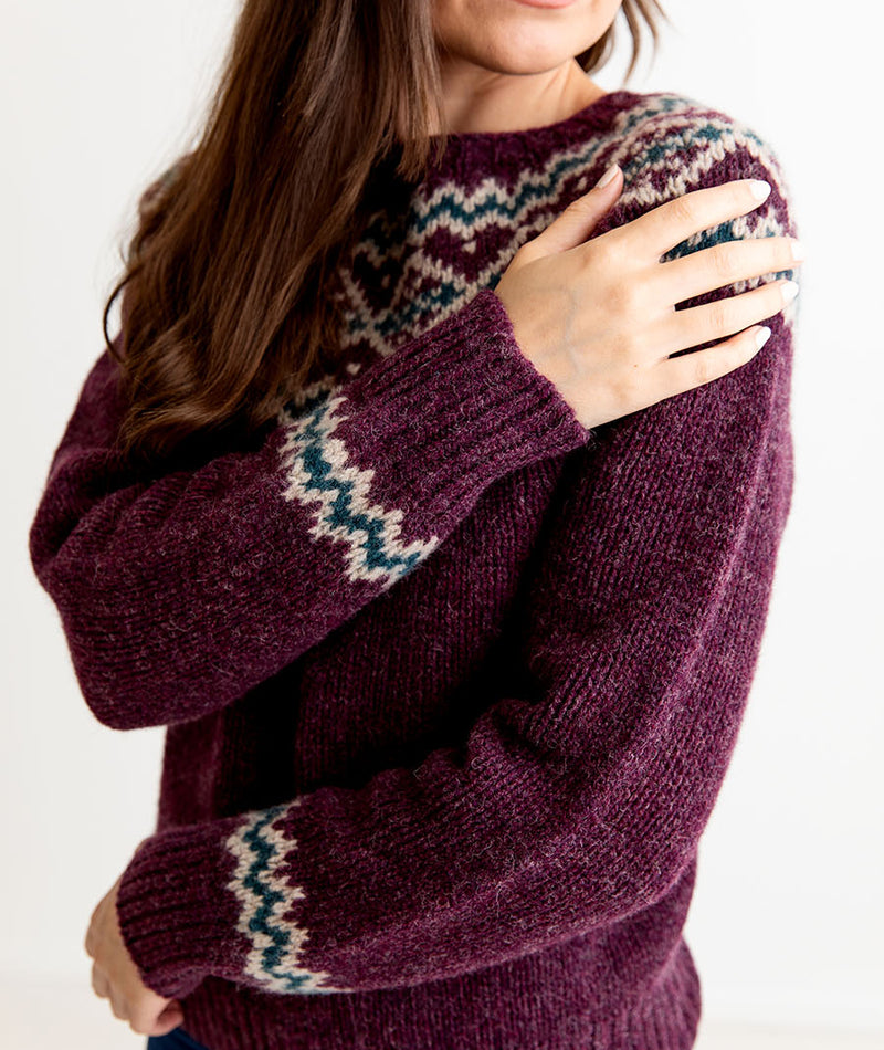 womens chunky shetland wool fair isle jumper aubergine purple sweater