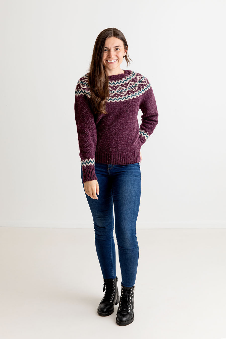 womens chunky wool fairisle jumper sweater aubergine purple finnieston