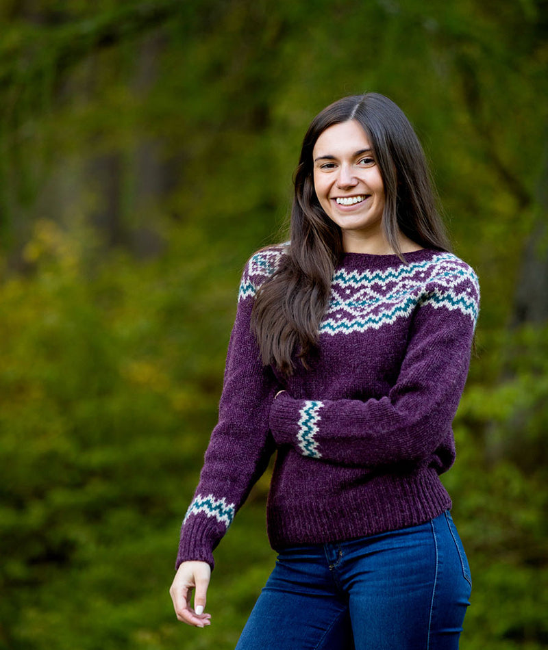 womens chunky yoke fair isle jumper sweater aubergine finnieston