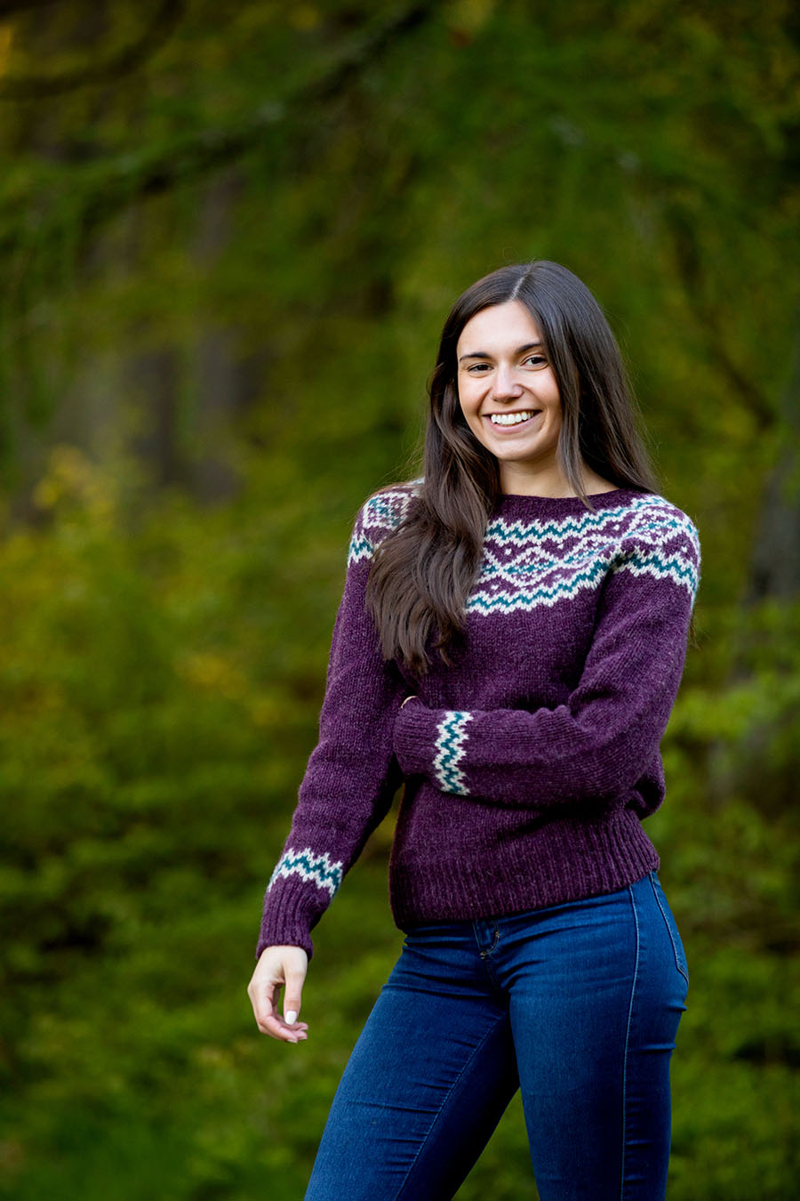 womens chunky yoke fair isle jumper sweater aubergine finnieston