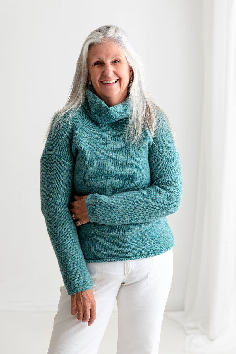 ladies chunky wool cowl neck jumper teal aqua