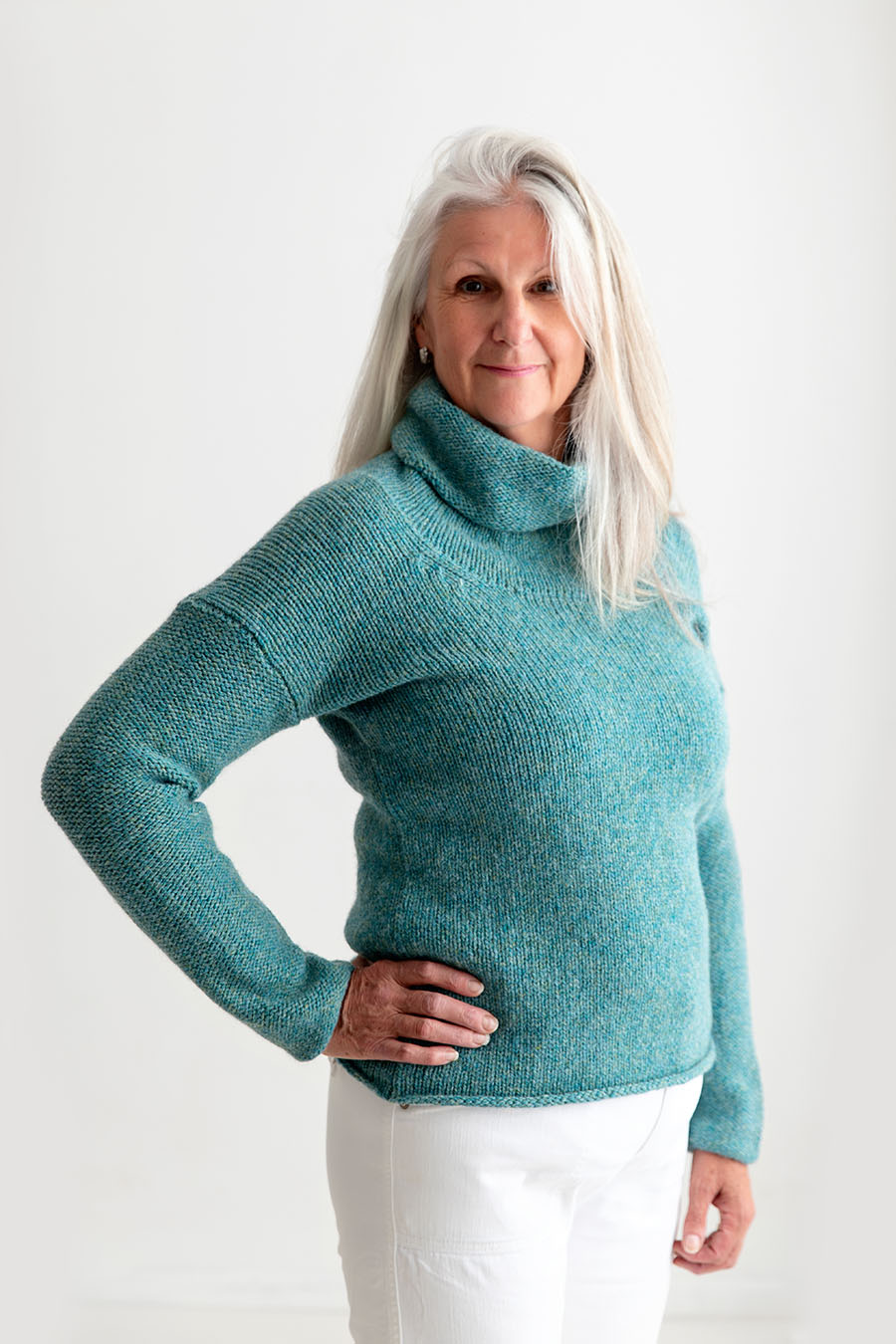 Womens Scottish chunky cowl neck jumper in light teal