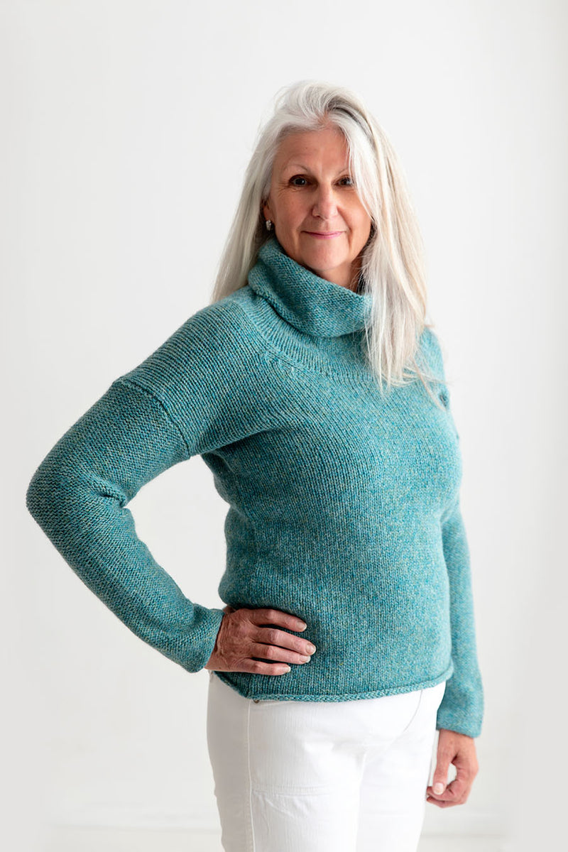 womens chunky wool cowl neck jumper teal aqua