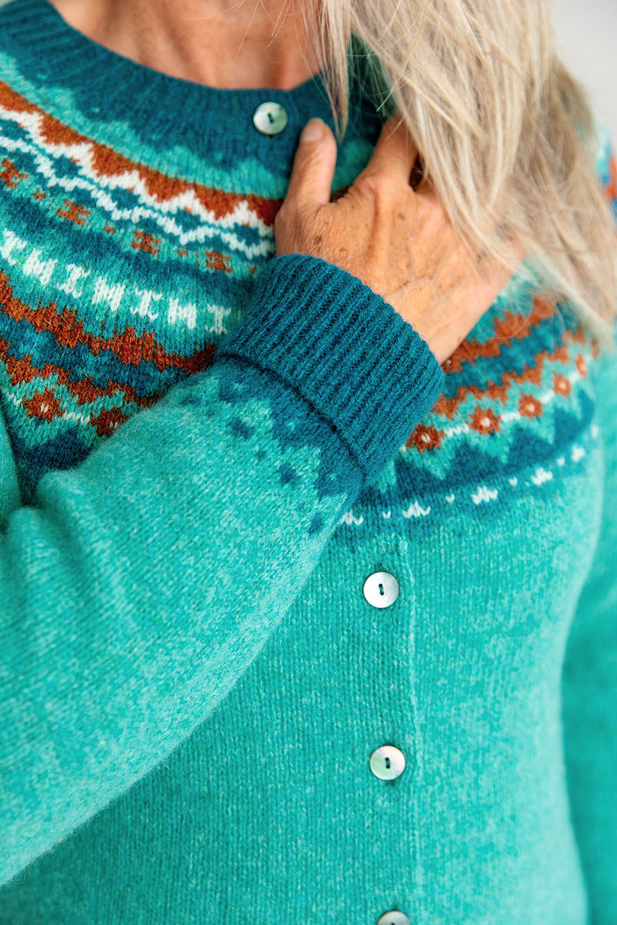 womens fair isle cardigan aqua shetland wool crathie