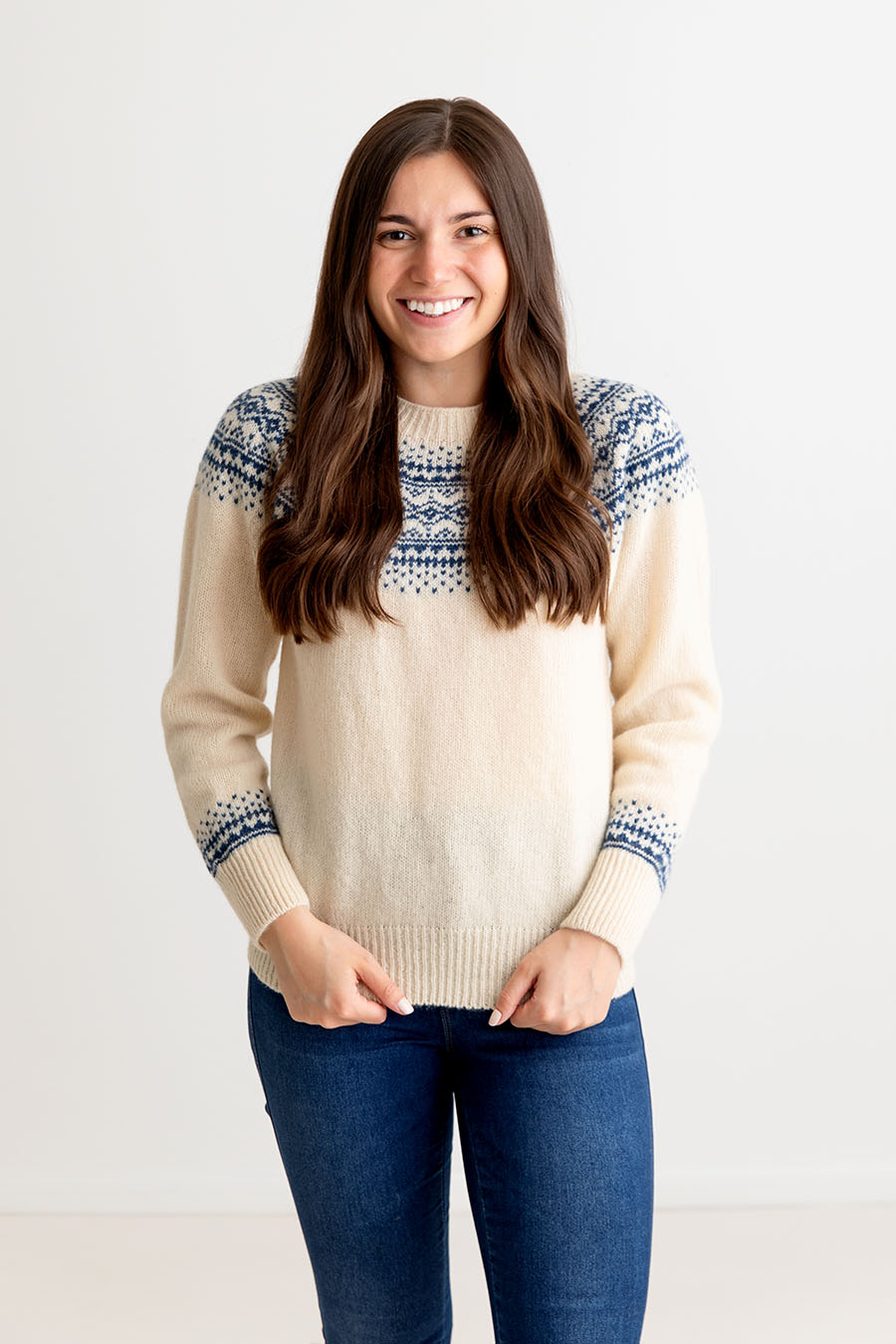 womens cream blue wool fair isle jumper sweater aviemore yoke