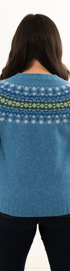 Womens Blue Fair Isle Jumper in Donegal Wool with Croft yoke pattern in ...
