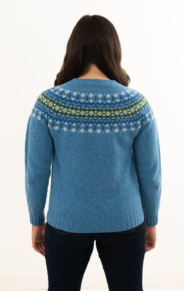 Womens Blue Fair Isle Jumper in Donegal Wool with Croft yoke pattern in ...