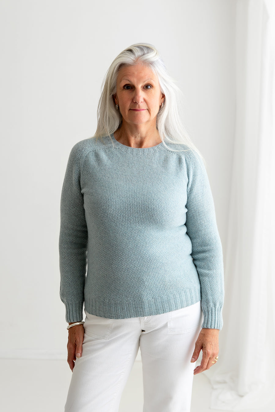 womens duck egg blue moss stitch jumper sweater lambs wool