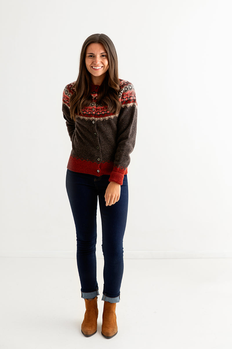 womens fair isle cardigan brown wool crathie full