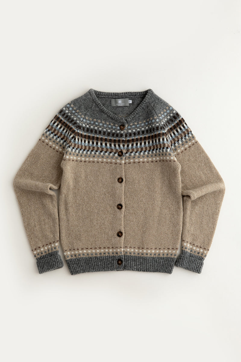 womens fair isle cardigan beige sand wool building blocks