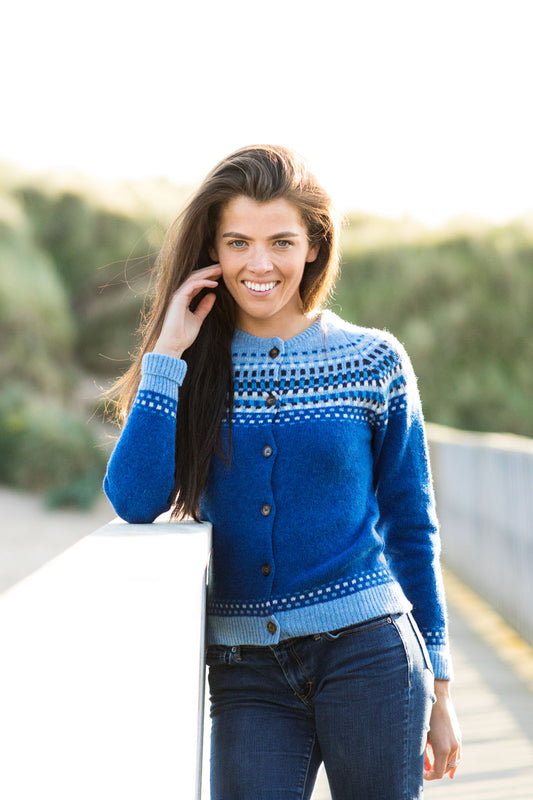 womens fair isle cardigan royal blue wool