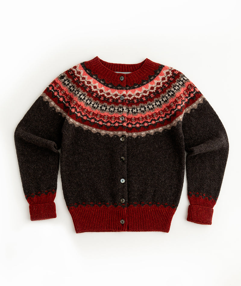 womens fair isle cardigan brown red wool crathie