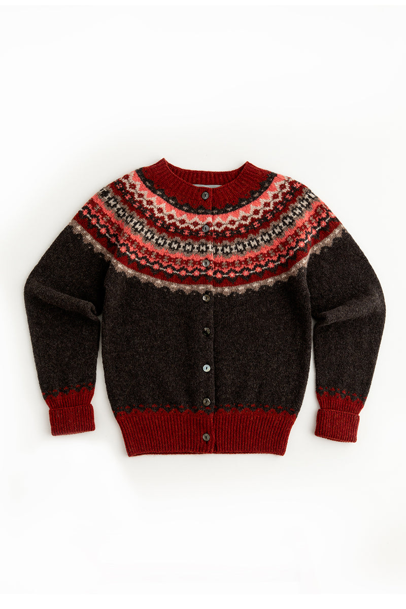 womens fair isle cardigan brown red wool crathie