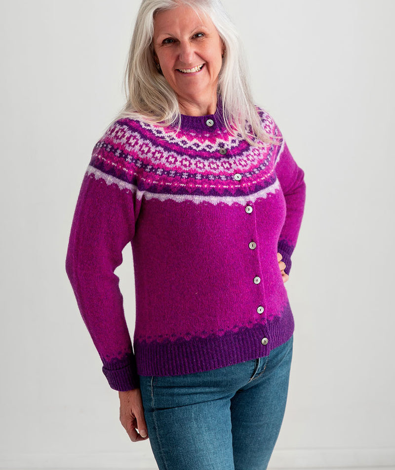 womens fair isle cardigan pink wool fuchsia