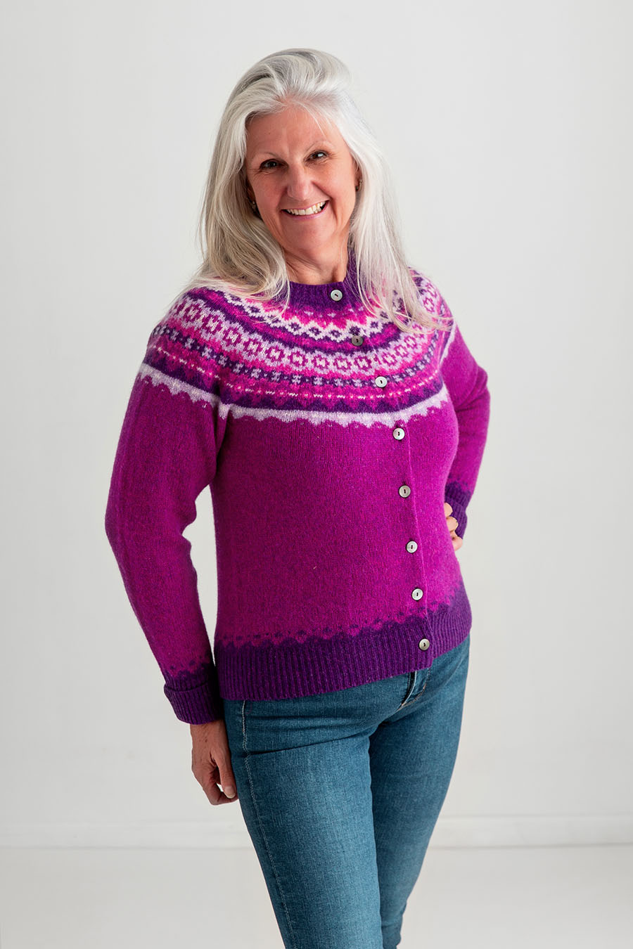 womens fair isle cardigan pink wool fuchsia