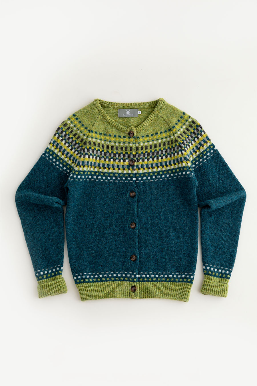 womens fair isle cardigan teal green wool building blocks