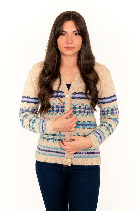 womens fair isle cardigan wheat purple scottish wool v neck