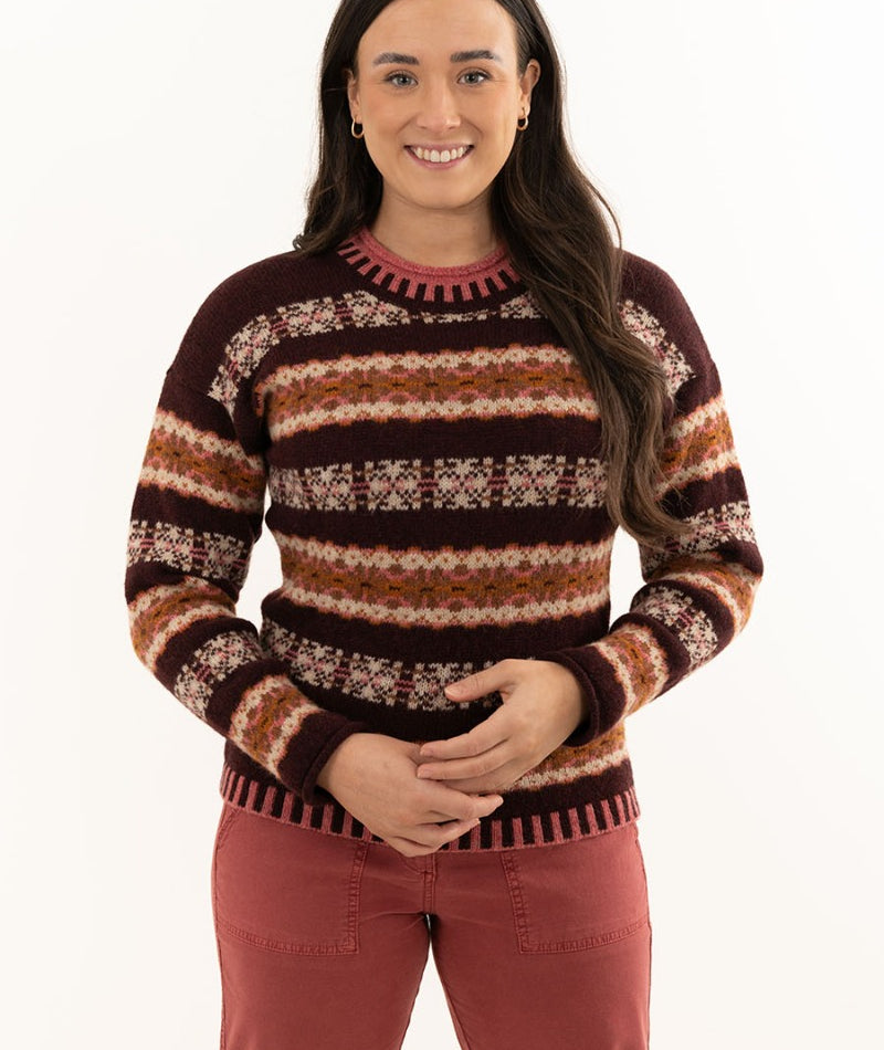 womens fair isle jumper pitmedden aubergine burgundy wool